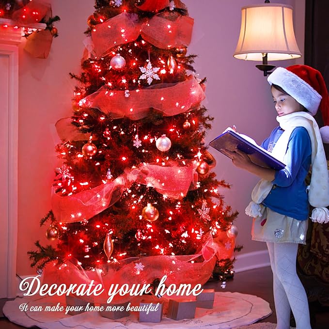 JMEXSUSS Red Christmas Lights Clear Wire, 66ft 200 LED Red Christmas String Lights Outdoor Indoor Plug in, 8 Modes Red String Twinkle Fairy Lights for Room Party Tree Decorations