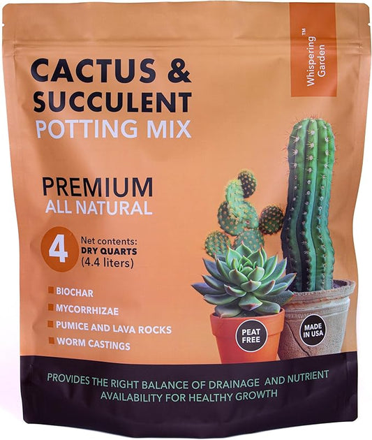 Premium Organic Cactus & Succulent Potting Soil Mix - Well Draining Blend with Biochar, Mycorrhizae & Worm Castings for Healthy Growth! 4 quarts