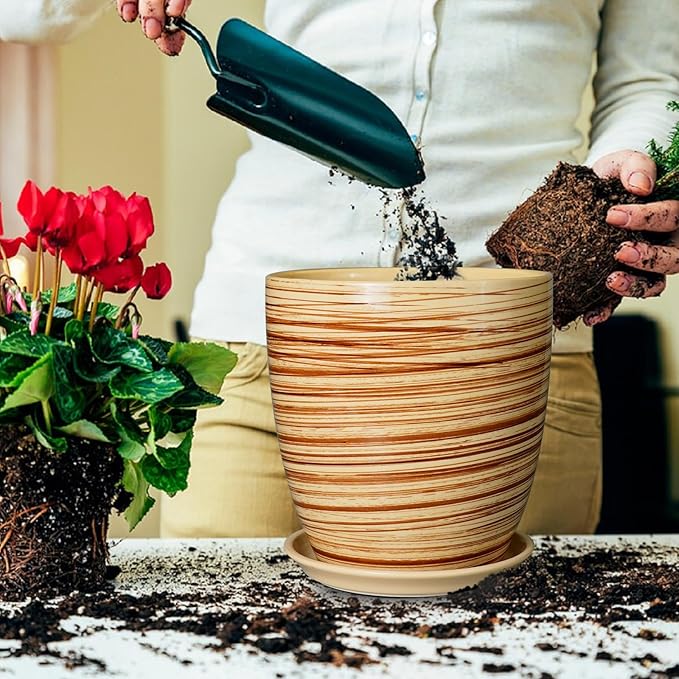 10 Inch Plant Pot Ceramic Pots for Plants with Drainage Hole and Saucer Round Flower Pot for Home Patio Garden Office Yellow