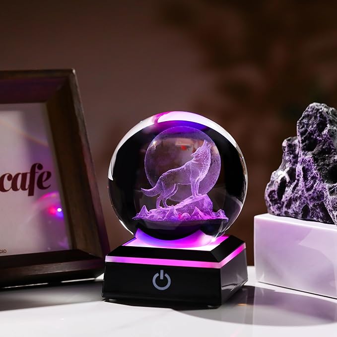 Qianwei Wolf Gifts: 3D Crystal Ball - 3.14'' Laser Decor Glass Animals Figurines Statue & Night Light