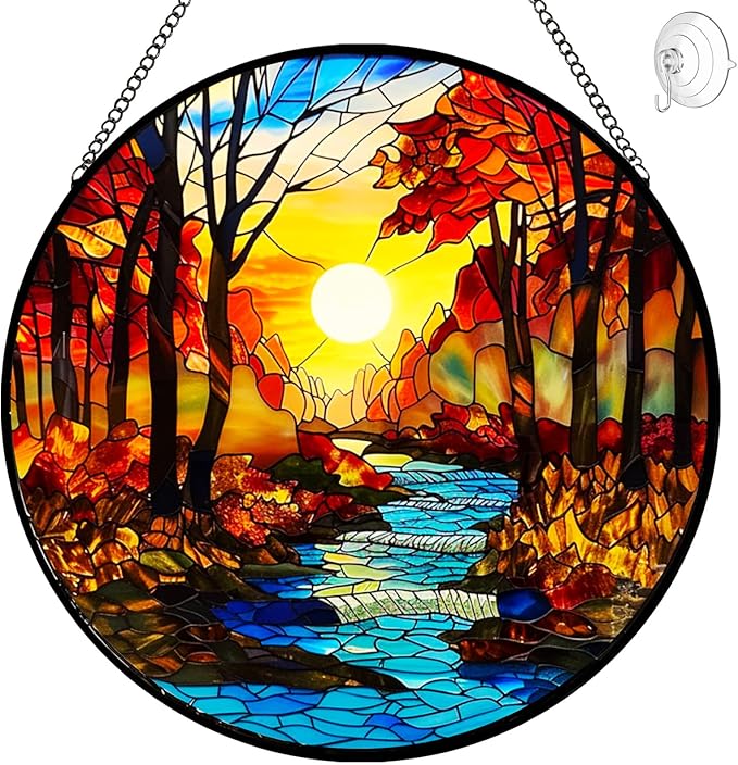 Sunrise Tree and River Landscape Stained Glass Suncatcher for Window Hanging - Sunrise Painting Sun Catcher Window Ornaments with Metal Chain and Hook - Decor Gift for Mom Wife Husband Nature Lovers