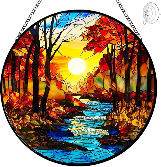 Sunrise Tree and River Landscape Stained Glass Suncatcher for Window Hanging - Sunrise Painting Sun Catcher Window Ornaments with Metal Chain and Hook - Decor Gift for Mom Wife Husband Nature Lovers