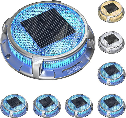 Quntis Solar Deck Lights for Outside, 3 Color Modes Solar Driveway Lights Outdoor IP68 Waterproof, Deck Light for Stair Pathway Walkway Road (Blue/Cool White/Warm White) 8 Pack