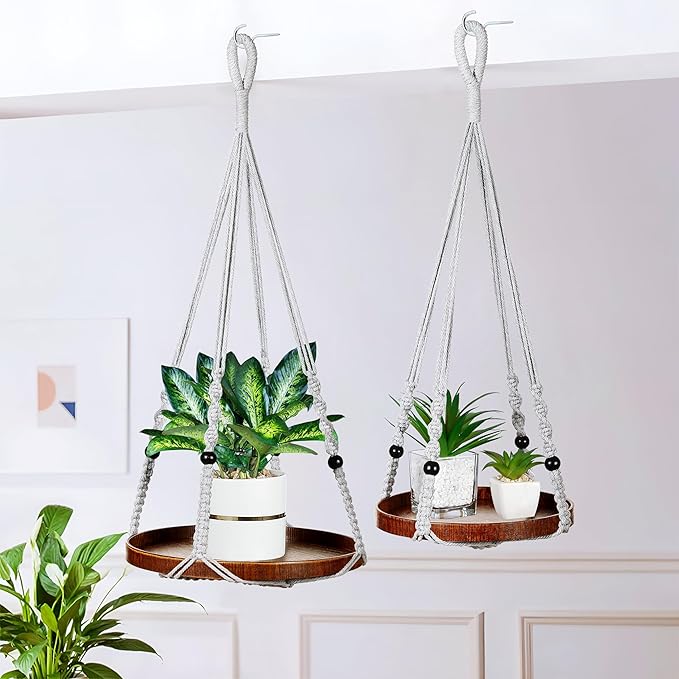 2 Pack Macrame Plant Hanger | Plant Hanger Indoor, Hanging Planter Shelf | Hanging Planter (Light Grey) (1 Large + 1 Medium)