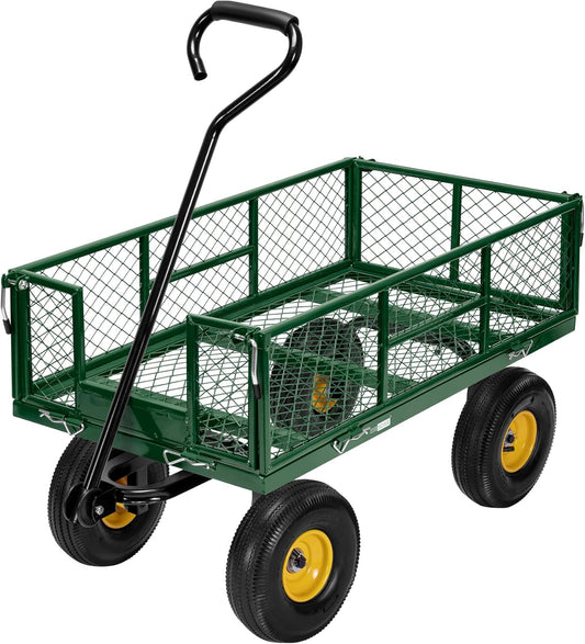 VIVOHOME Heavy Duty 880 Lbs Capacity Mesh Steel Garden Cart Folding Utility Wagon with Removable Sides and 4.10/3.50-4" Wheels 10 Inch Tire(Green)
