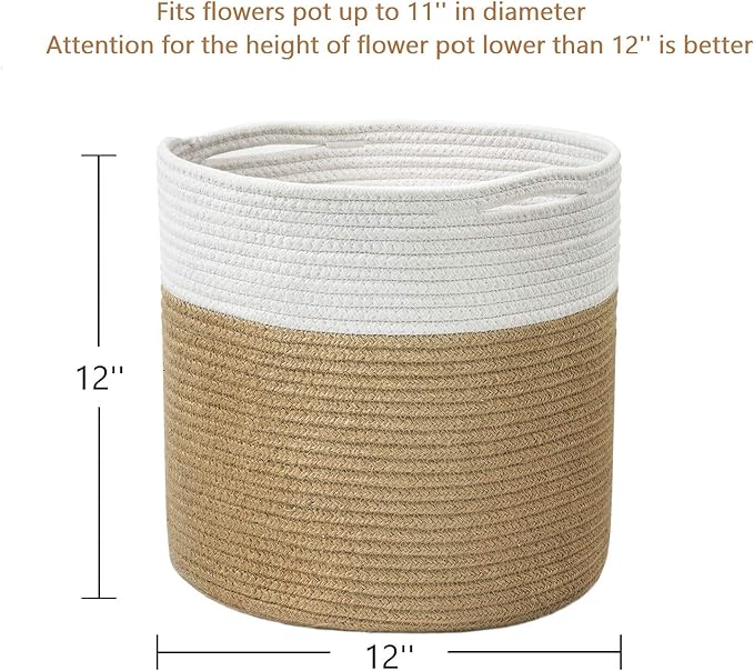 TIMEYARD Jute Rope Plant Basket Large Modern Woven Basket for 11'' Flower Pot Floor Indoor Planters, 12.5''x12.5'' Storage Basket Rustic Home Decor White and Jute