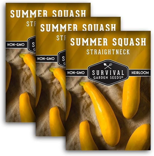 Survival Garden Seeds - Straightneck Summer Squash Seed for Planting - 3 Packs with Instructions to Plant and Grow Yellow Squash in Your Home Vegetable Garden - Non-GMO Heirloom Variety