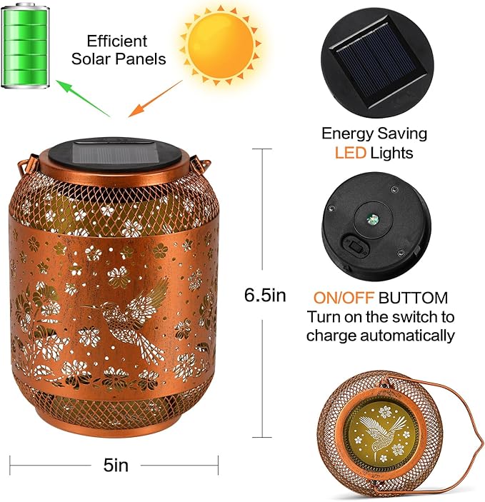 Solar Lanterns Outdoor Waterproof Hummingbird Garden Decor Birthday Gifts for Women Mom Grandma Hanging Solar Lights Metal Decoration Outside for Yard, Patio, Backyard, Porch, Pathway