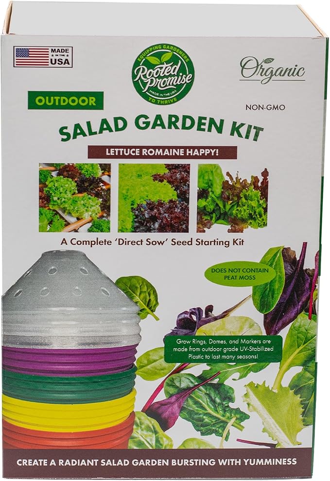Salad Garden Kit with Grow Rings, Greenhouse Germination Domes, Seeds, Markers, Instructions – Gardening Gift for Mom, Teachers, Women, and Men – Made in USA