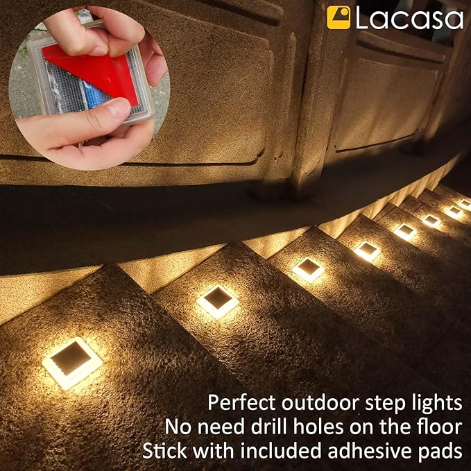 Lacasa Solar Deck Lights, 8 Pack 30LM LED Dock Lights Warm White 2700K, Outdoor Solar Powered Step Lights Light up All Night IP68 Waterproof Auto ON/Off for Garden Stairs Driveway Pathway Lighting