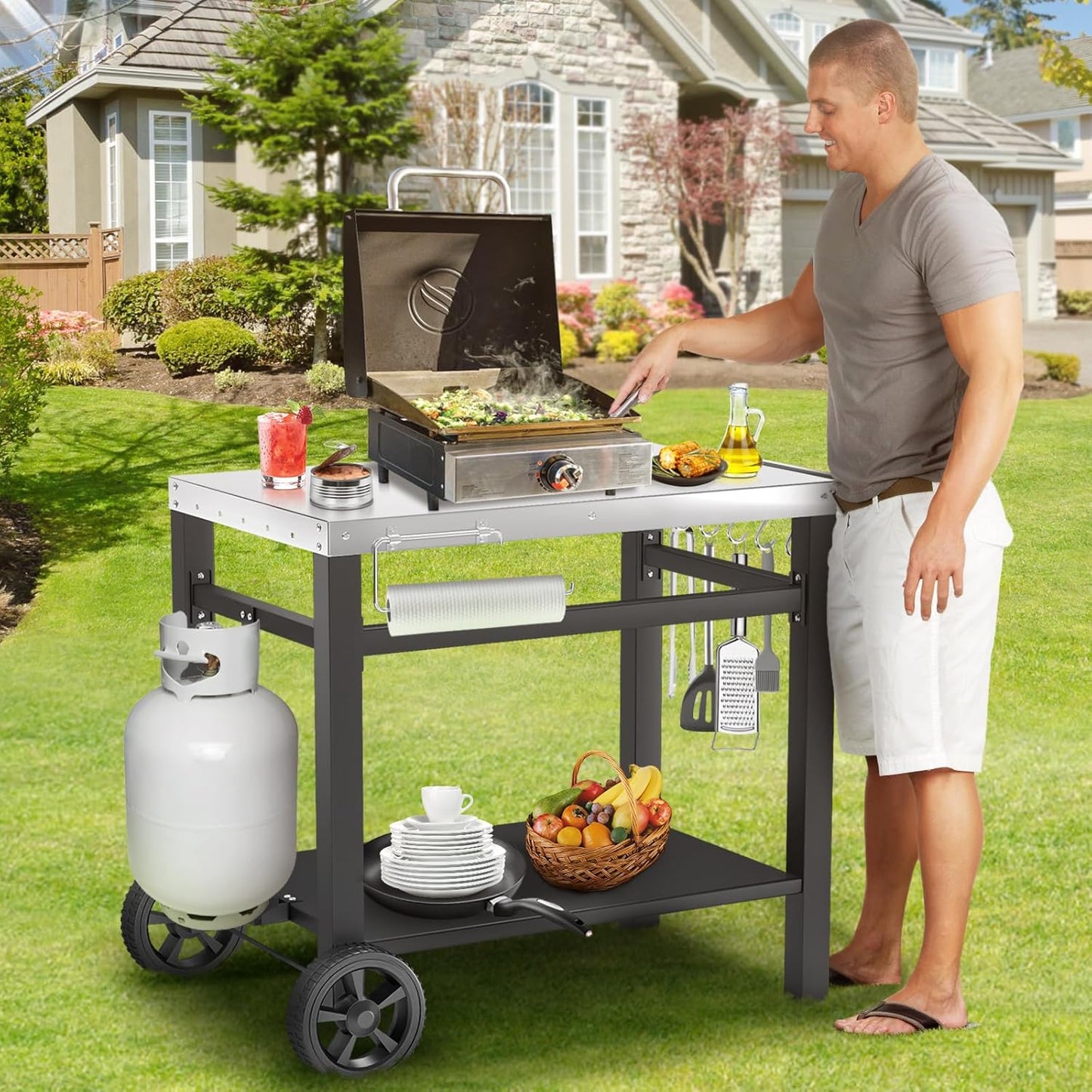 Outdoor Grill Table, Movable Dining Cart, Pizza Oven Table Stand, Double-Shelf Grill Stand, Food Prep and Work Cart with Wheels, Hooks, Fits for Blackstone Ninja