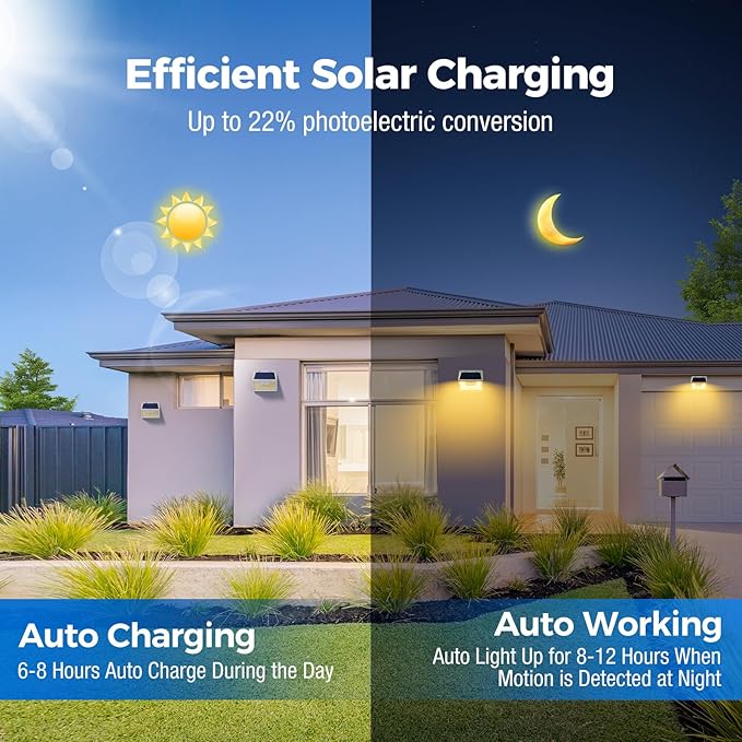 Peasur Solar Lights Outdoor Motion Sensor Waterproof, 6Pack 140LED White Solar Powered Fence Lights, 3 Modes Security Wall Lights for Garden Yard Outside Warm