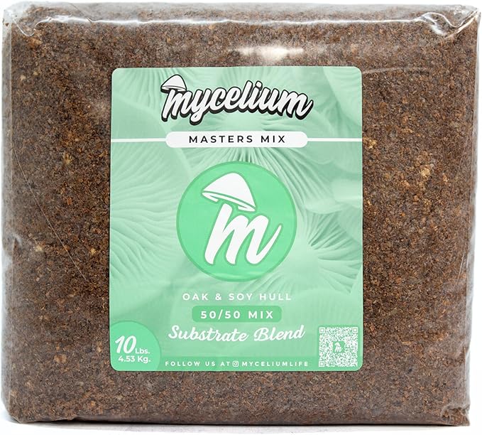 Mycelium Masters Mix Substrate – Oak & Soy Hull 50/50 Blend - Ideal for Gourmet & Functional Wood-Loving Mushrooms - Sterilized 10LB Bag for High Yield Cultivation