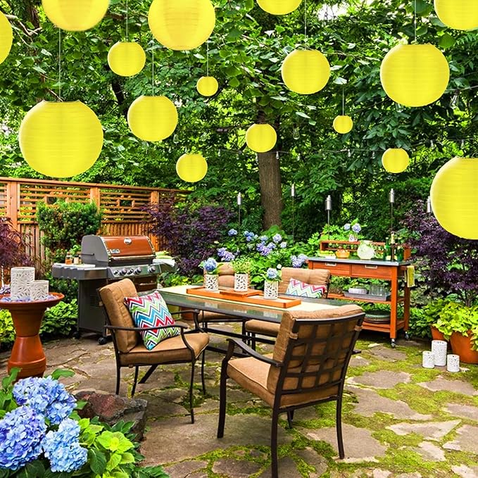 10 Pack Outdoor Silk Lanterns Decorative, 10inch Waterprooof Outside Indoor Chinese Hanging Round Lanterns for Weddings, Birthdays, Parties Decoration(Yellow)