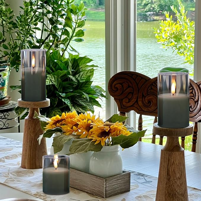 Glass Rechargeable Flameless Candles with Remote Timer, Realistic 3D Wick LED Battery Operated Candles with Flickering Flame,Home Decoration for Wedding Birthday Festival(Grey)