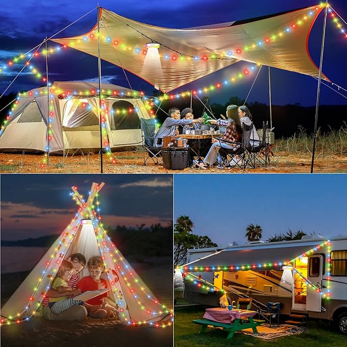 Camping String Lights, 4 in 1 Quick Storage 32.8FT Rechargeable Tent Lights with 6 Modes Hanging Waterproof Camp Lamp Camping Essentials for AwnTent Hiking Yard Garden Bedroom Festival -Multicolor