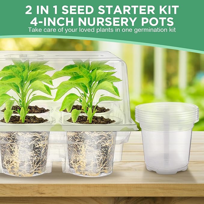 Vesici 10 Pack Seed Starter Tray Kit Seedling Starter Trays with 4 Inch Nursery Pots and Humidity Dome (60 Cells) Mini Greenhouse Plant Germination with Labels for Garden(Clear)