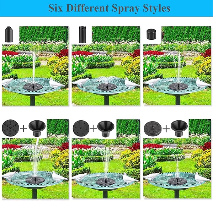 Solar Bird Bath Fountain Pump with 6 Nozzle and Anti-Collision Pole,1.4w Solar Powered Free Standing Floating Water Pump for Fish Tank, Pond, Pool, Garden and Outdoor