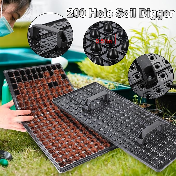 200 Cell Seed Starter Trays with Dibber – 20 Pack Reusable Seedling Trays for Germination Propagation, 200 Hole Soil Digger for Quickly Setting Out, Gift for Gardener