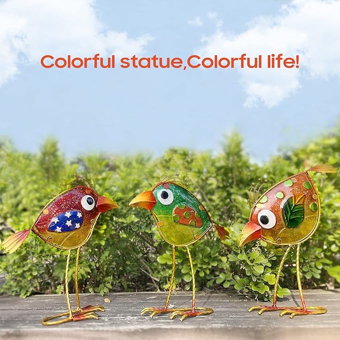 Garden Decor for Outside,Funny Metal & Glass Bird Decor for Indoor & Outdoor Set of 3,Yard Art Decor,Garden Art Statues Decorations,Colorful and Patriotic