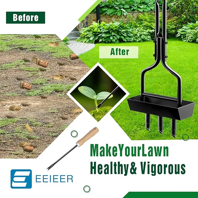 EEIEER Lawn Coring Aerator Tool, Upgarded Manual Lawn Aerators with Soil Storage Basket, 3 Core Tines Plug Aerator with Cleaning Tool, Yard Aeration Tool for Compacted Soil & Lawn Care