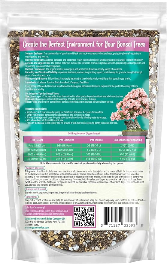 Serenity Blend Bonsai Soil Mix – Moisture-Retentive & Organic for Flowering, Fruiting, and Tropical Bonsai Trees – Handcrafted in The USA with Akadama & Compost (4 quarts)