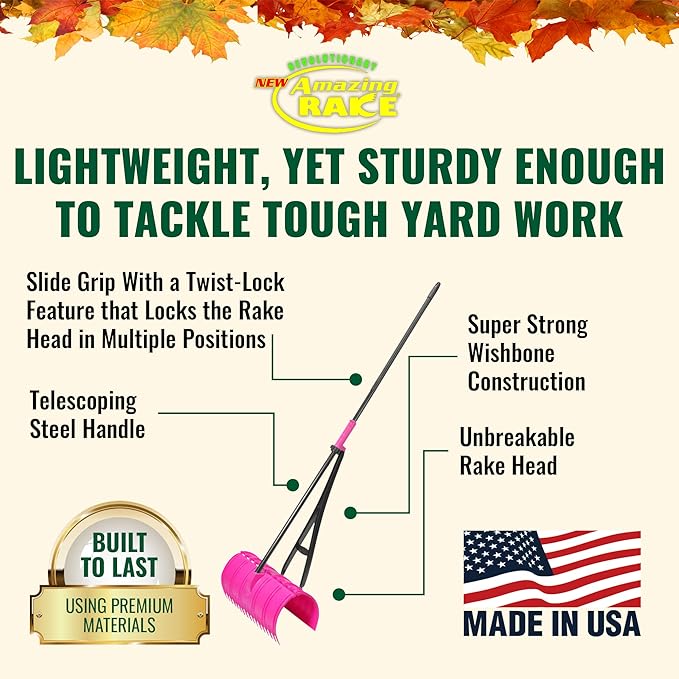 Amazing Rake Back Saving Garden Rake ― Leaf Rakes for Gardening ― Leaf Picker Upper ― Heavy Duty Leaves Claw & Rakes Lawns Garden Tool ― Easy Leaf & Grass Grabber Without Bending Over ― Hot Pink