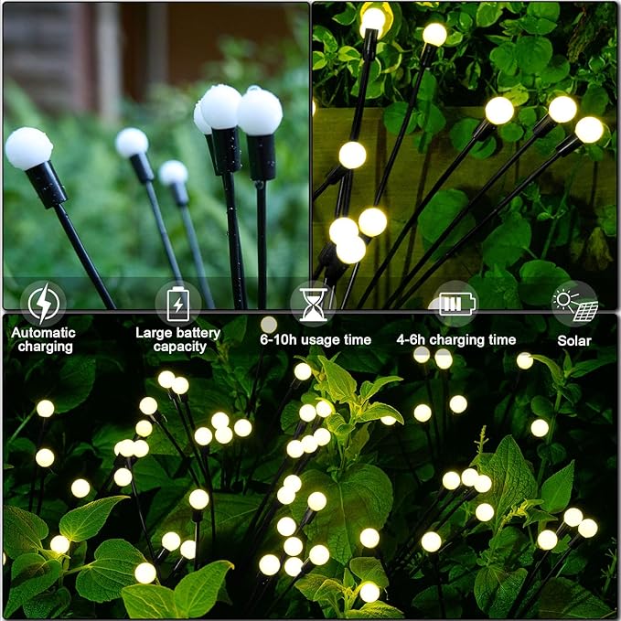 8Pack 64 LED Spring Solar Swaying Lights Outdoor Solar Powered Firefly Lights Garden Decor Waterproof Pathway Light Sway by Wind Landscape Lights Warm Yellow for Pathway Lawn Patio Courtyard Decor