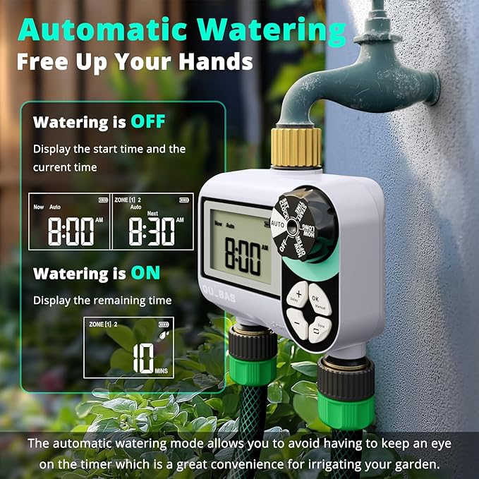 2 Zone Sprinkler Timer, Programmable Hose Timer with Brass Inlet & Outlet, Water Timer for Garden Hose with Rain Delay/Manual Watering/Automatic Irrigation Controller System for Yard, Lawn