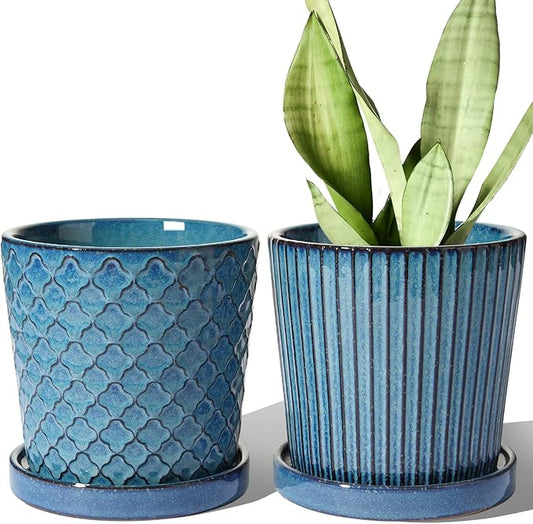 LE TAUCI Ceramic Plant Pots, 5.5 Inch Pots for Indoor Plants, Planters with Drainage Hole and Saucer, Flower Pots for Succulent, Snake Plants and Cactus, Set of 2, Reactive Glaze Blue