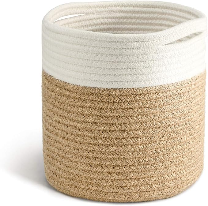TIMEYARD Jute Rope Plant Basket Small Woven Storage Basket for Up to 7" Planter, 8" x 8" Decorative Plant Pot Cover Woven Planter Basket Laundry Basket with Handles Modern Home Décor