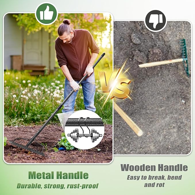 Garden Rake, 5FT Bow Rake Heavy Duty Leveling Rake with Adjustable Handle, 17 Tines Wide Head Metal Thatch Rake for Gardening Leaves Lawn Yard Mulch Rake