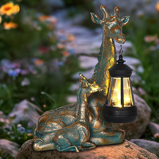 Solar Garden Decor - Mother Baby Giraffe Statue with Solar Lantern 9.7" Resin Giraffe Figurine Outdoor Patio Yard Porch Decor Gifts for Mom Grandma Women Gardeners