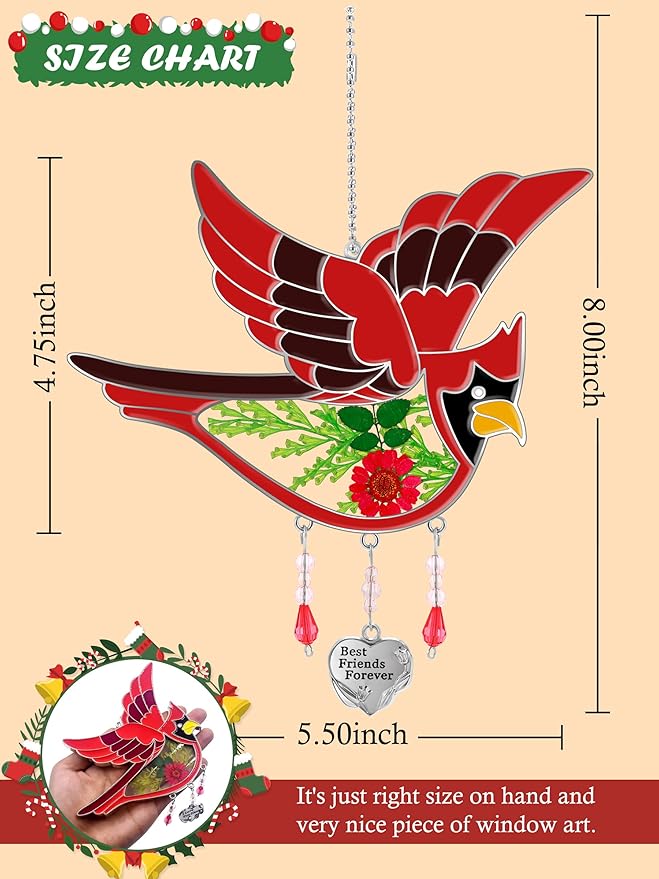 KY&BOSAM Best Friend Forever Cardinal Suncatcher Gifts for Friend Hand-Painted Garden Ornament Hanging Wind Chime with Pressed Flower Cardinal Embedded in Glass Mother`s Day Birthday Christmas