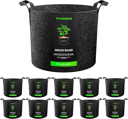 VIVOSUN 10-Pack 5 Gallon Grow Bags, Reinforced Planter Fabric Pots for Gardening Black