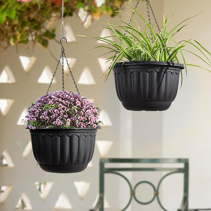 YIKUSH Planters for Outdoor Plants 2 Pack Black Plant Pots with Drainage Hole and Absorbing Tray Hanging Planters for Indoor Plants (12 inch, 3 Hooks)