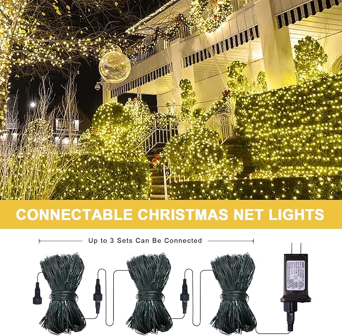 JMEXSUSS 360 LED Christmas Net Lights Outdoor Waterproof, Connectable 12ft x 5ft Net Lights Outdoor Mesh Lights with Remote, Plug in Warm White Net Lights for Bushes Shrubs Christmas Decorations