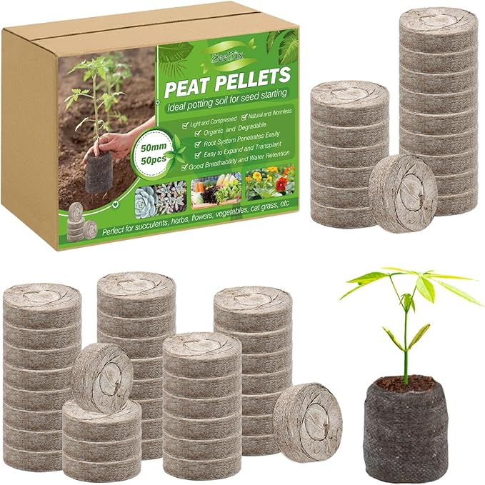ZeeDix 50Pcs 50mm Peat Pellets for Seedlings, Seed Starter Pods Seed Starting Plugs Soil, Compressed Nutrient Block Potting Soil Discs Pellet for Planting Herbs Flowers Vegetables
