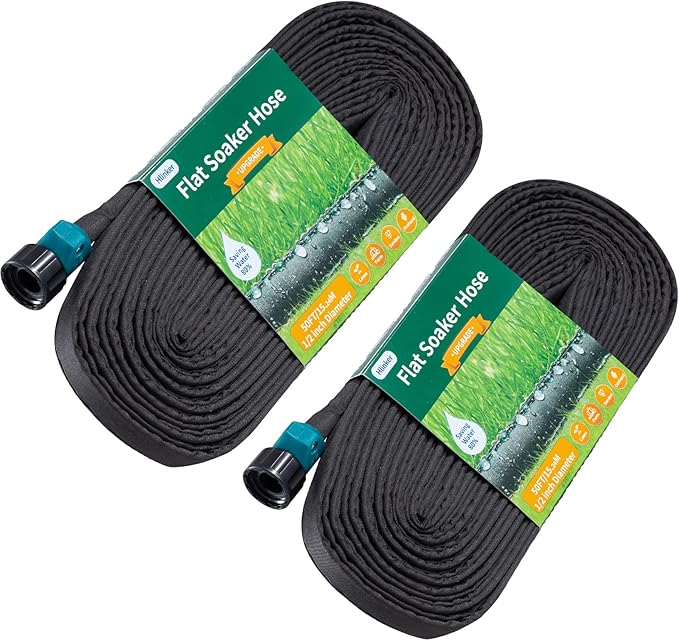 Flat Soaker Hose 50 100 FT for Garden Beds, 100Ft 1/2" Linkable Consistent Drip Irrigation Hose Save 80% Water, Leakproof Heavy Duty Double Layer Sprinkler Hose