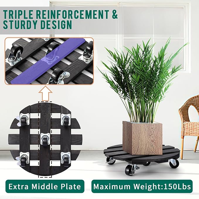 ZXZYHFTY Round Wooden Plant Stand with Wheels, 2 Packs Rolling Plant Stand with 360°Lockable Wheels for Vertical Garden Towers, Vertical Planting Tanks, Plant Pots, Wastebaskets (Black, 12")