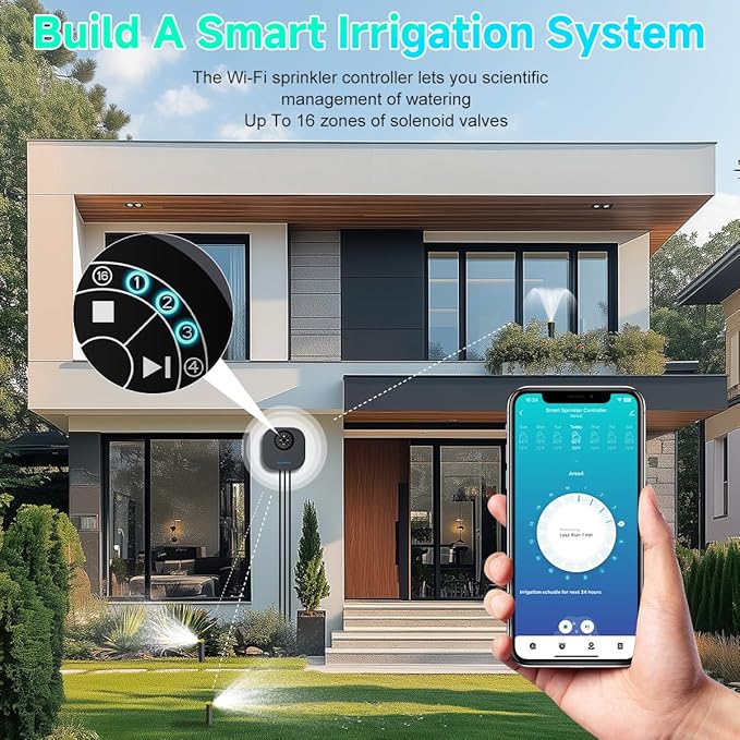 Smart Sprinkler Controller, 16-Zone/Station Irrigation System with APP Remote Control, GreenVation 2.4G/5GHz WiFi Water Timer for Outdoor Garden/Yard/Lawns