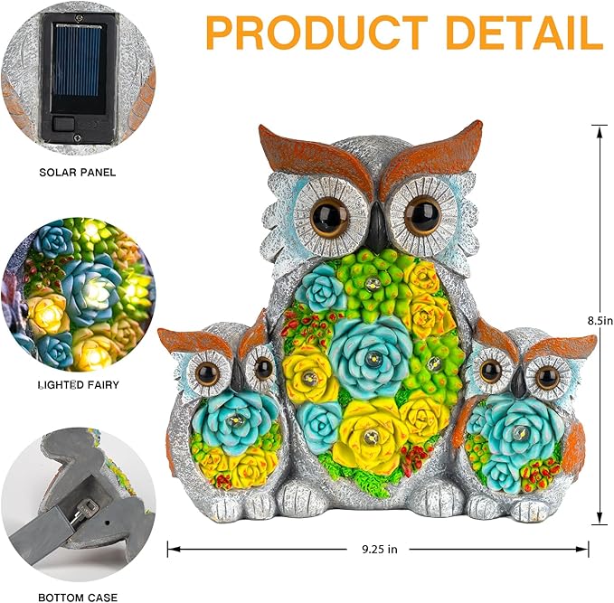 Solar Garden Statue Lights Owl Figurine with LED Lights, Outdoor Garden Succulent Ornaments Waterproof Decoration for Outside Patio Yard Lawn Decor