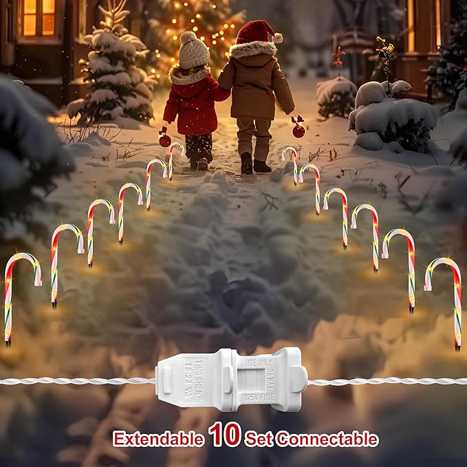 VCOKEN 10'' Christmas Candy Cane Lights Outdoor Pathway, Set of 10 Christmas Candy Cane Markers Waterproof, Light Up Xmas Candy Cane Decoration with Stakes for Holiday Party Yard Art Indoor Outdoor