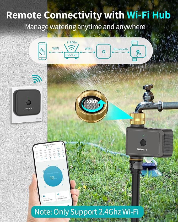 WiFi Water Timer Brass Inlet, 2.4GHz Smart Sprinkler Timer, 1 Zone Hose Timer with WiFi Hub, Voice/App Control with Alexa & Google Assistant, Auto/Manual Watering, Rain Delay, for Garden, Yard, Lawn