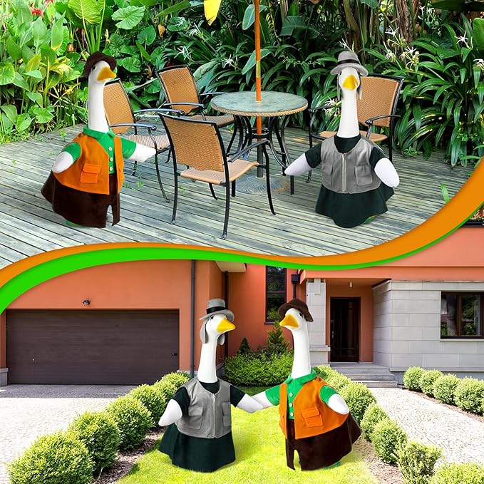 Frienda 2 Set Porch Goose Outfits Clothes 23 Inch Garden Raincoat Flag Bee Fishing Style Goose Costume for Lawn Patio Valentine's Day Decor