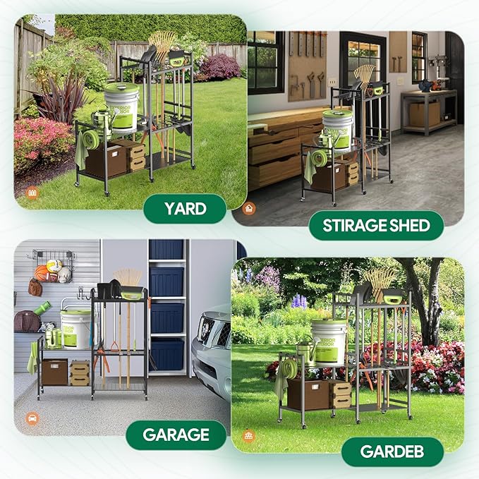 Garden Tool Organizer for Garage,Yard Tool Holder with Wheels,Multifunctional Tool Storage Rack with 5 Hooks,for Garden Shed Garage Yard Basement Lawn,Up to 35 Long-Handled Tools,Black