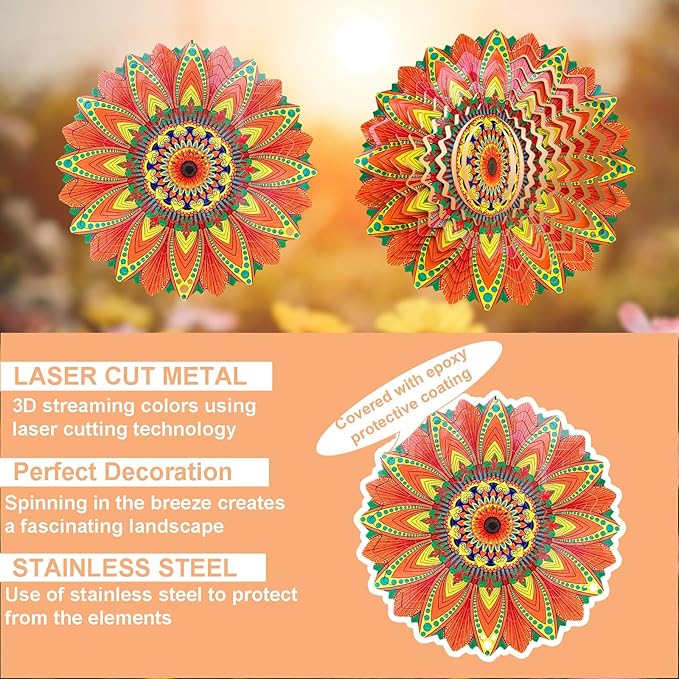 Wind Spinner Colorful Sunflower 12 inch 3D Stainless Steel Laser Cut Metal Double Sided Printing-Hanging Indoor/Outdoor Decorations Yard Gardening Decor,Metal Kinetic Art Ornament Gifts