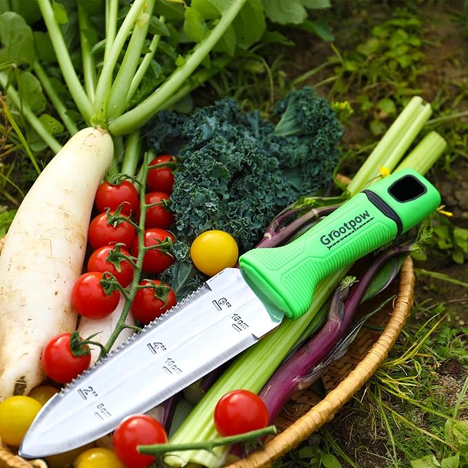 GK01 Hori Hori Garden Knife, Full Tang Gardening Knife with 7.1" Stainless Steel Double-Edged Blade, Heavy Duty Gardening Hand Tool for Weeding and Gardening with Oxford Sheath - in Gift Box