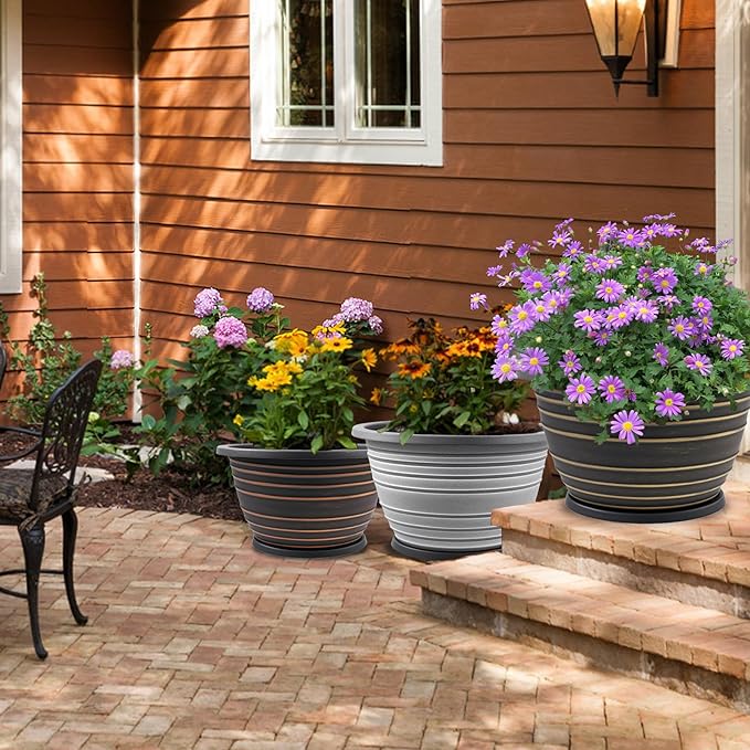 12 Inch pots for Plants, Plastic 3 Pack Large Planter Pots for Outdoor Plants with Drainage Holes & Saucers, Retro Antique Imitation Decorative Garden Indoor Flower Pots(Red Brown)