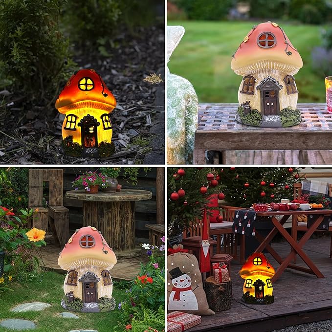 Attivolife Mushroom Fairy House Solar Light, Outdoor Home Garden Resin Statue Flickering LED Lamp, Lawn Porch Patio Yard Backyard Plant Decoration, Unique Gift for Women Mom Housewarming Birthday